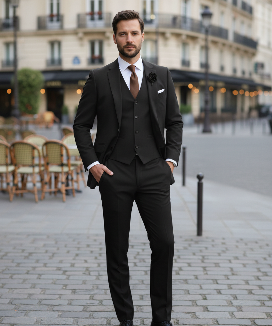 Tailored men's 3-piece suit set with structured jacket, vest, and full-length trousers for formal occasions