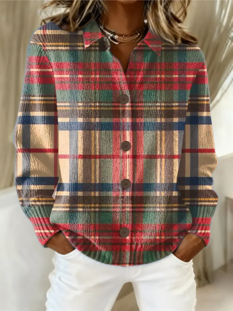Women's wool-blend plaid cardigan with front button closure and relaxed fit