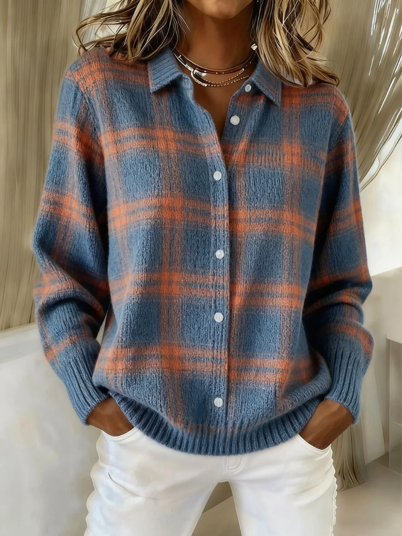Women's knitted plaid cardigan with front button closure, classic collar, and ribbed cuffs