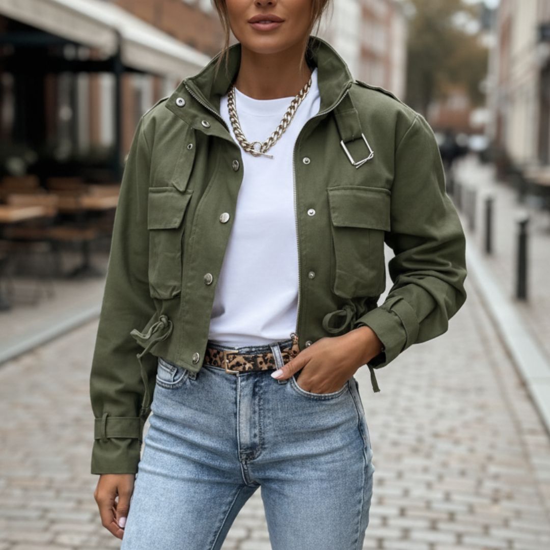 Women's cotton-blend utility jacket with stand-up collar, chest pockets, and zipper front closure