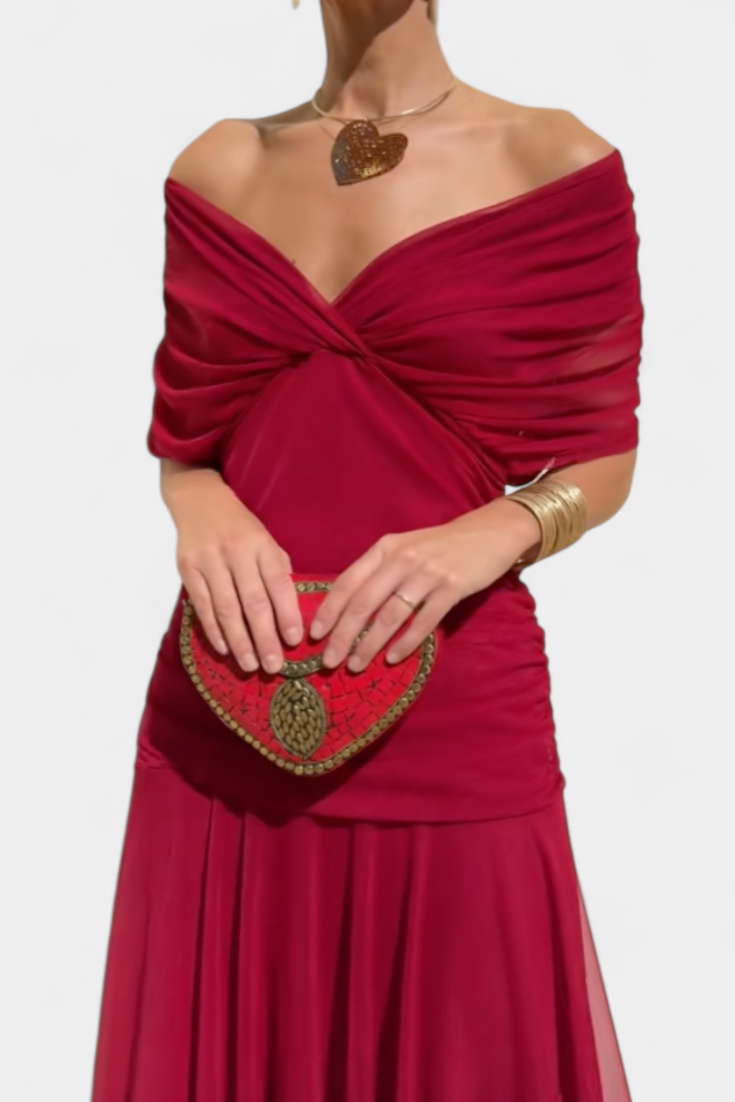 Women's off-shoulder maxi dress with short sleeves and a flowing draped skirt