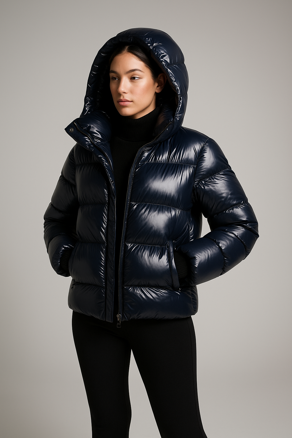 Women's shiny puffer jacket with hood and zipper closure, front view
