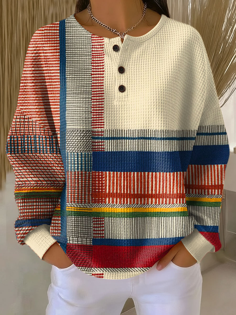 Women's patterned waffle-knit cotton-blend top with round neckline and button placket