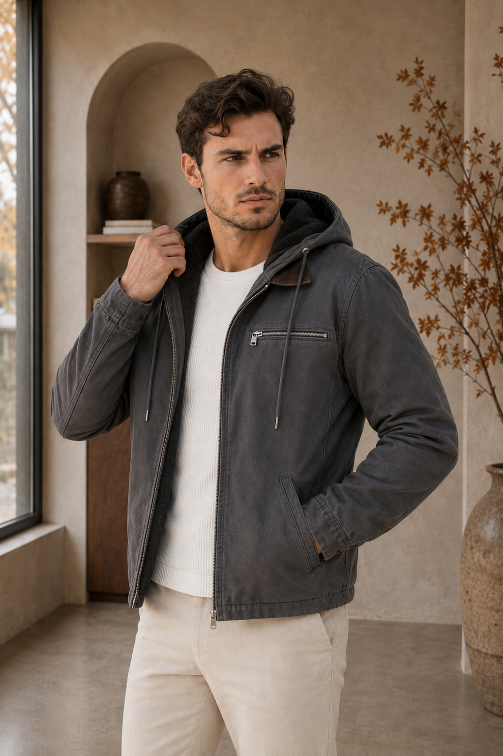 Gray men's hooded lined jacket with zip front