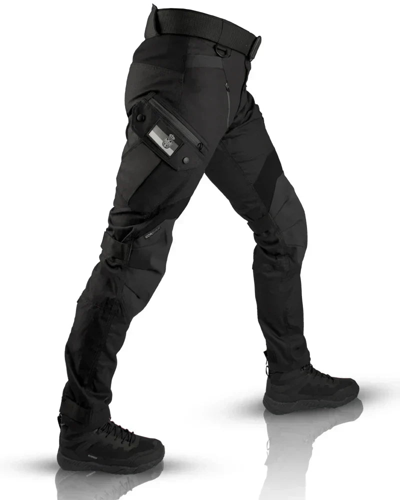 Men's tactical cargo pants with structured waistband and multi-pocket design