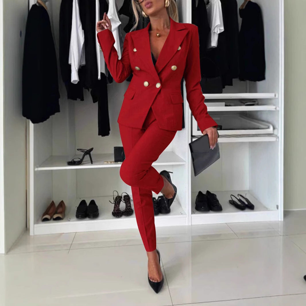 Women's suit set with blazer and slim trousers, front view, tailored two-piece outfit