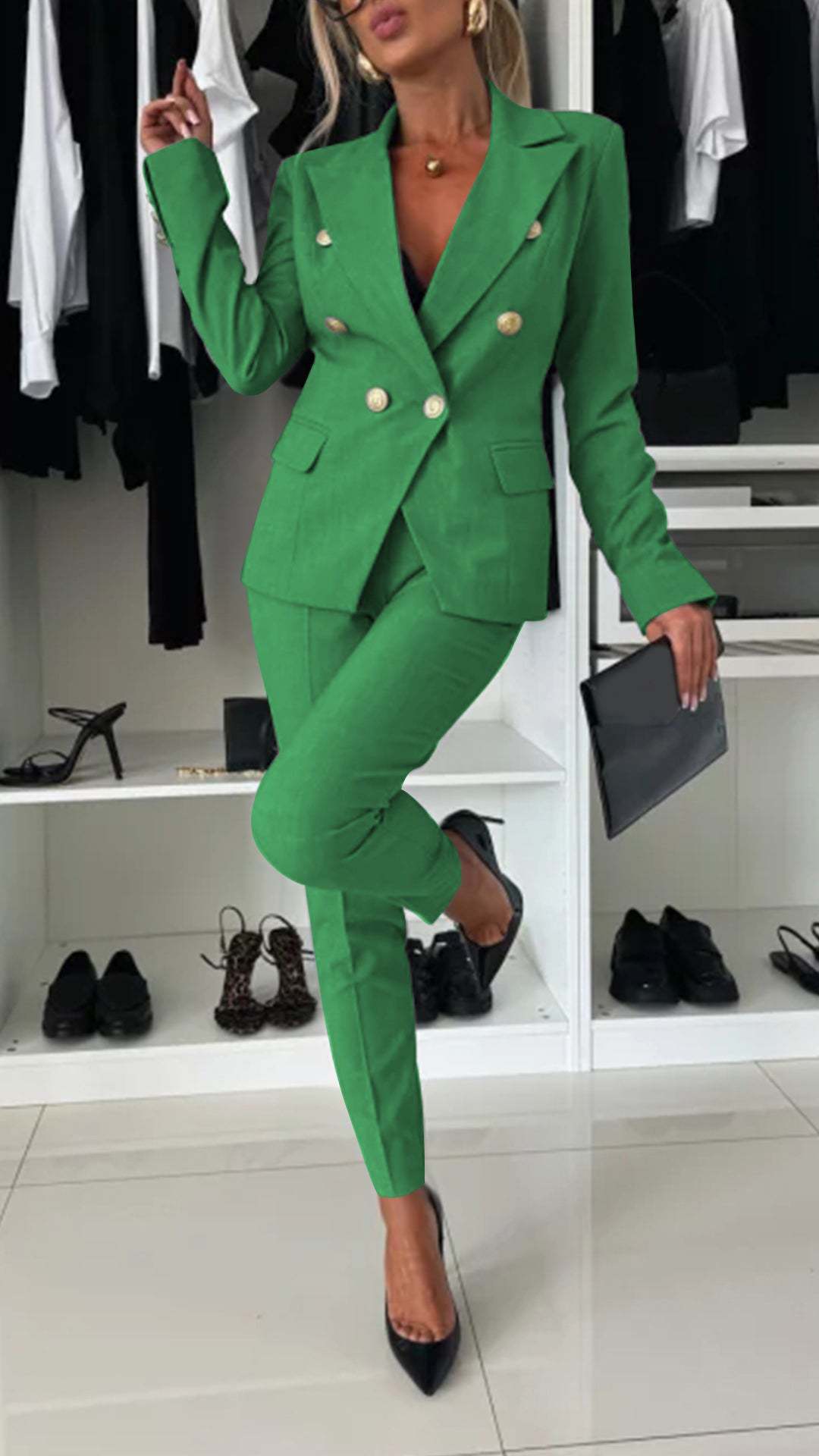 Women's double-breasted blazer suit set with classic lapel collar, front-facing detail view