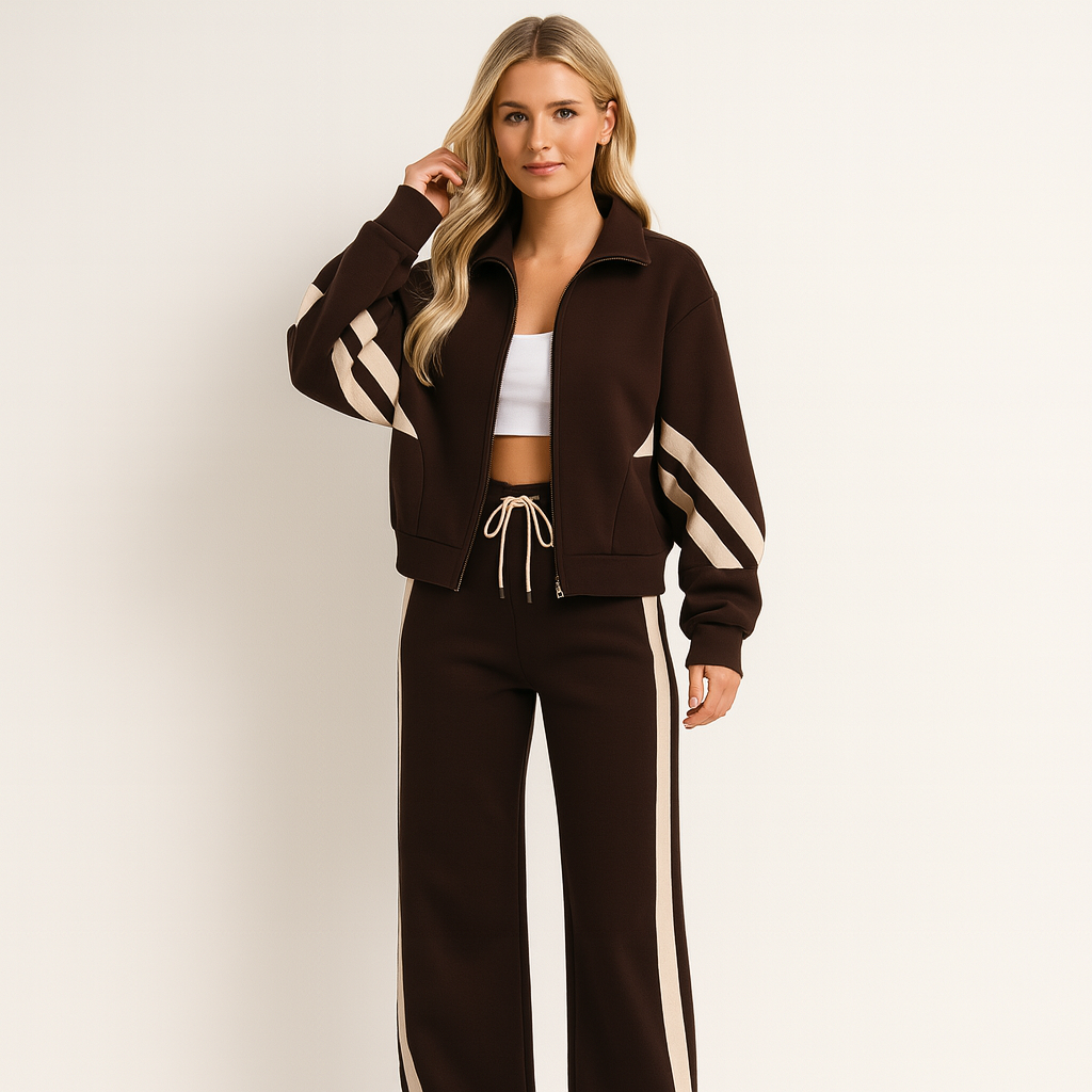 Women's two-piece cotton-blend set with zippered stand-collar jacket and wide-leg trousers