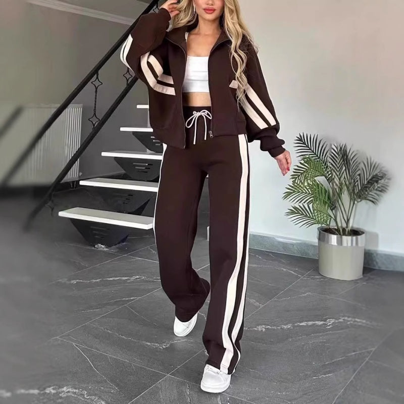 Cotton-blend activewear set for women featuring a zip-up jacket and matching wide-leg pants