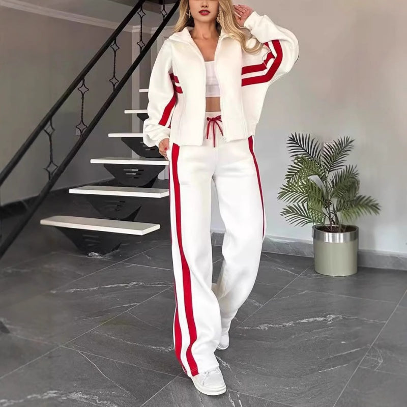 Two-piece women's tracksuit set with stand-up collar jacket and elastic-waist wide-leg trousers