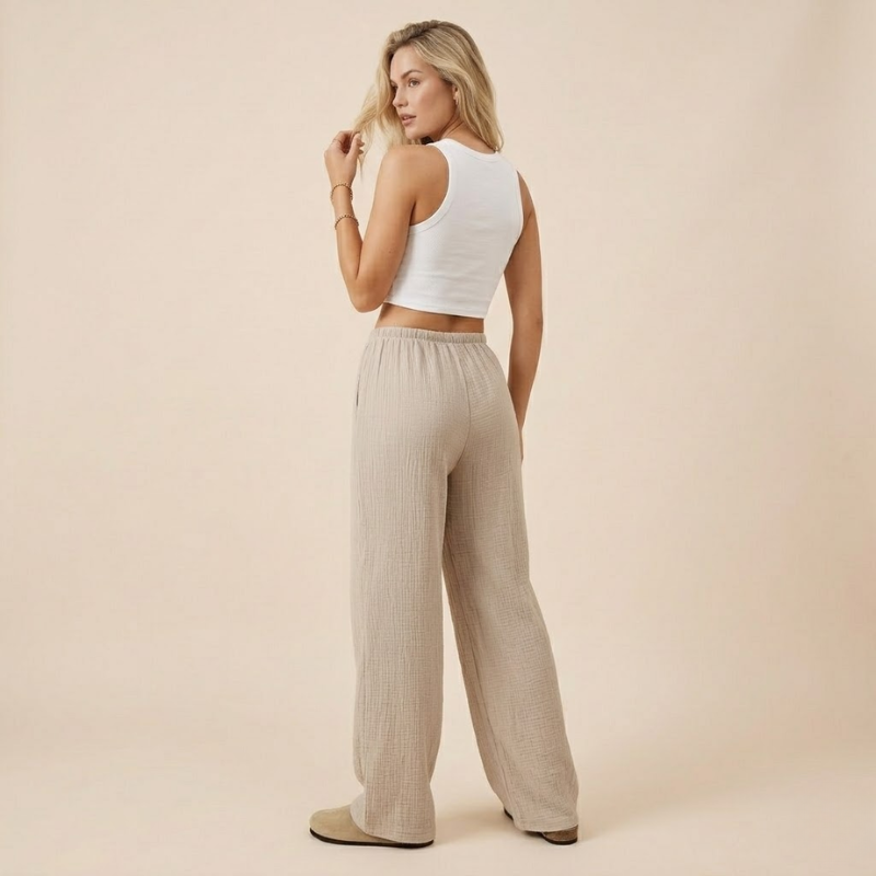 Women's relaxed-fit wide-leg pants with elastic waistband and lightweight woven fabric