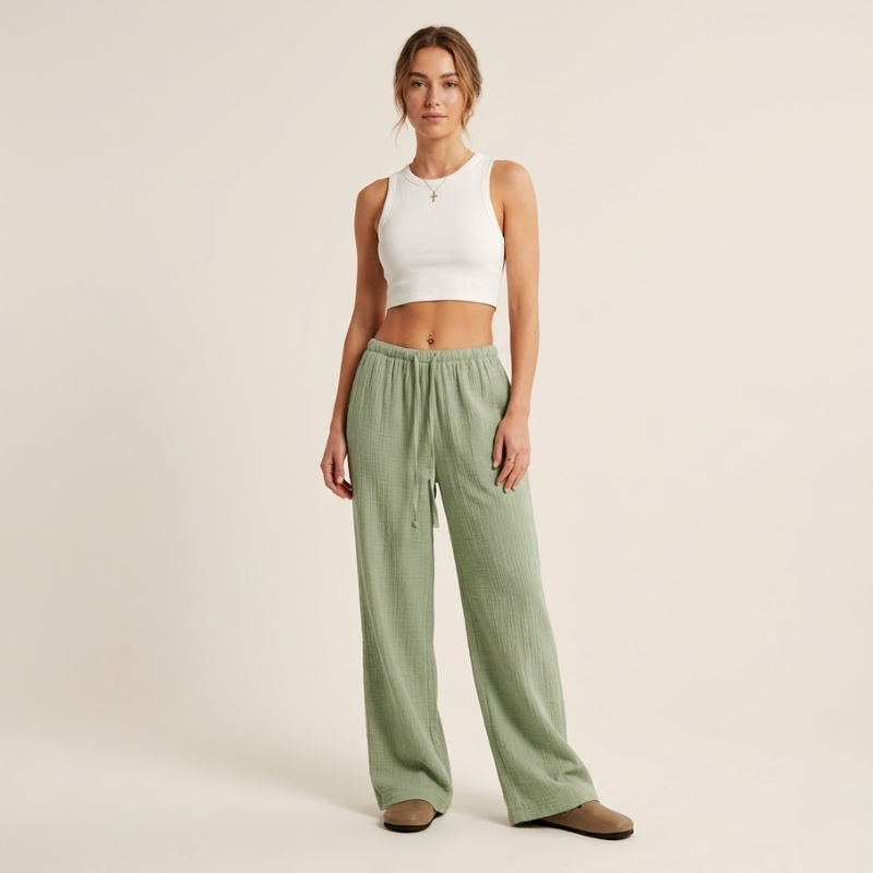 Lightweight wide-leg women's pants with adjustable drawstring and full-length cut