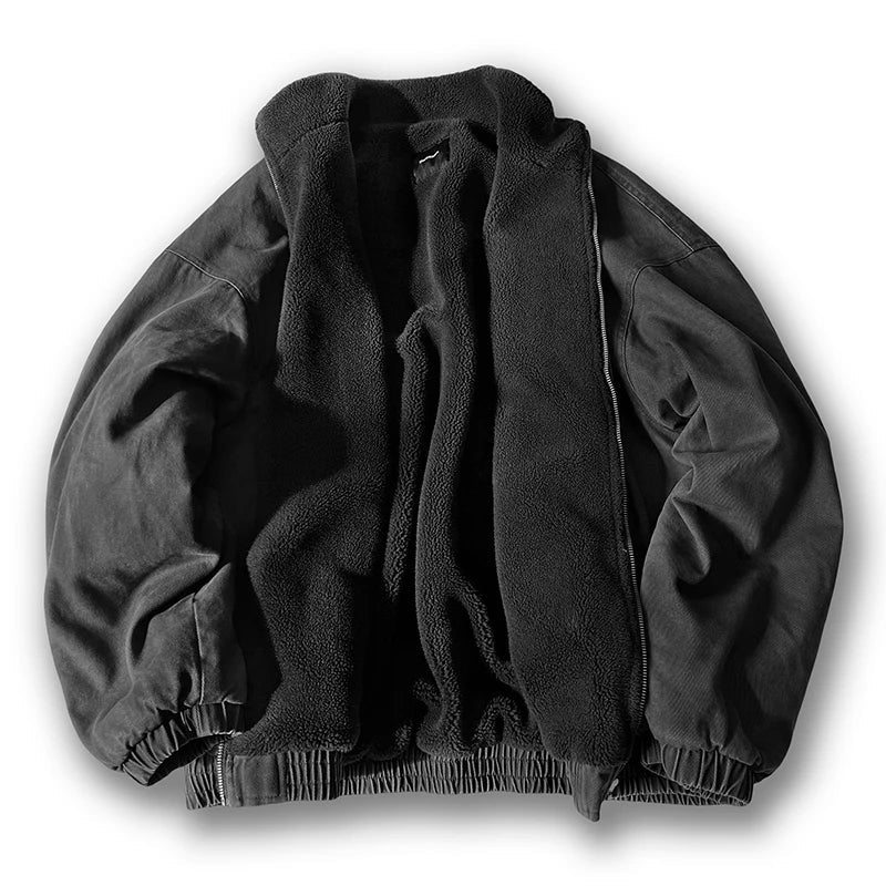 Men's winter jacket with sherpa collar, front zipper, and relaxed regular fit