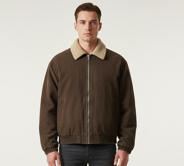 Men's sherpa collar zip-up jacket with regular fit and soft fleece lining