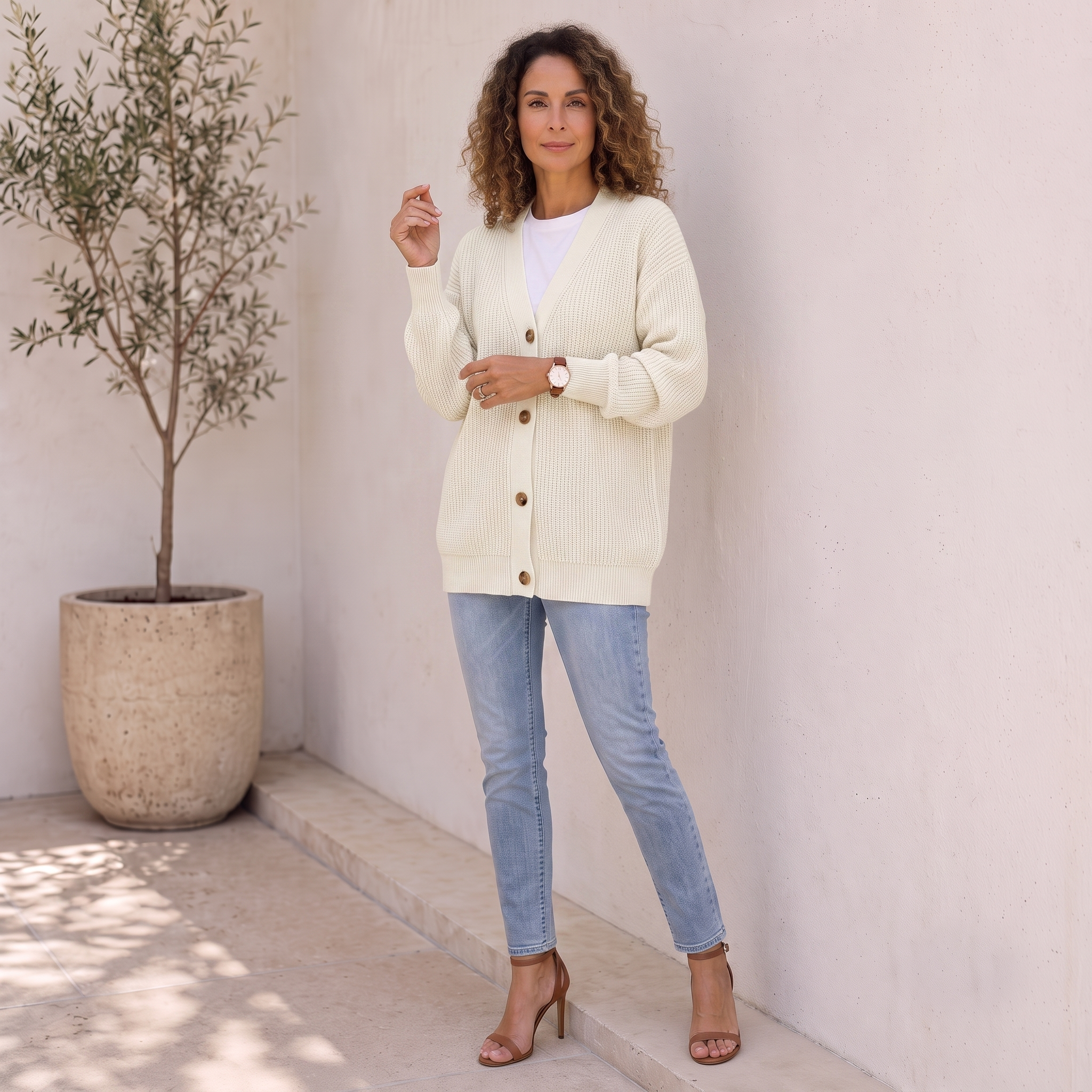 Women's button-front rib-knit cardigan with V-neckline and ribbed cuffs