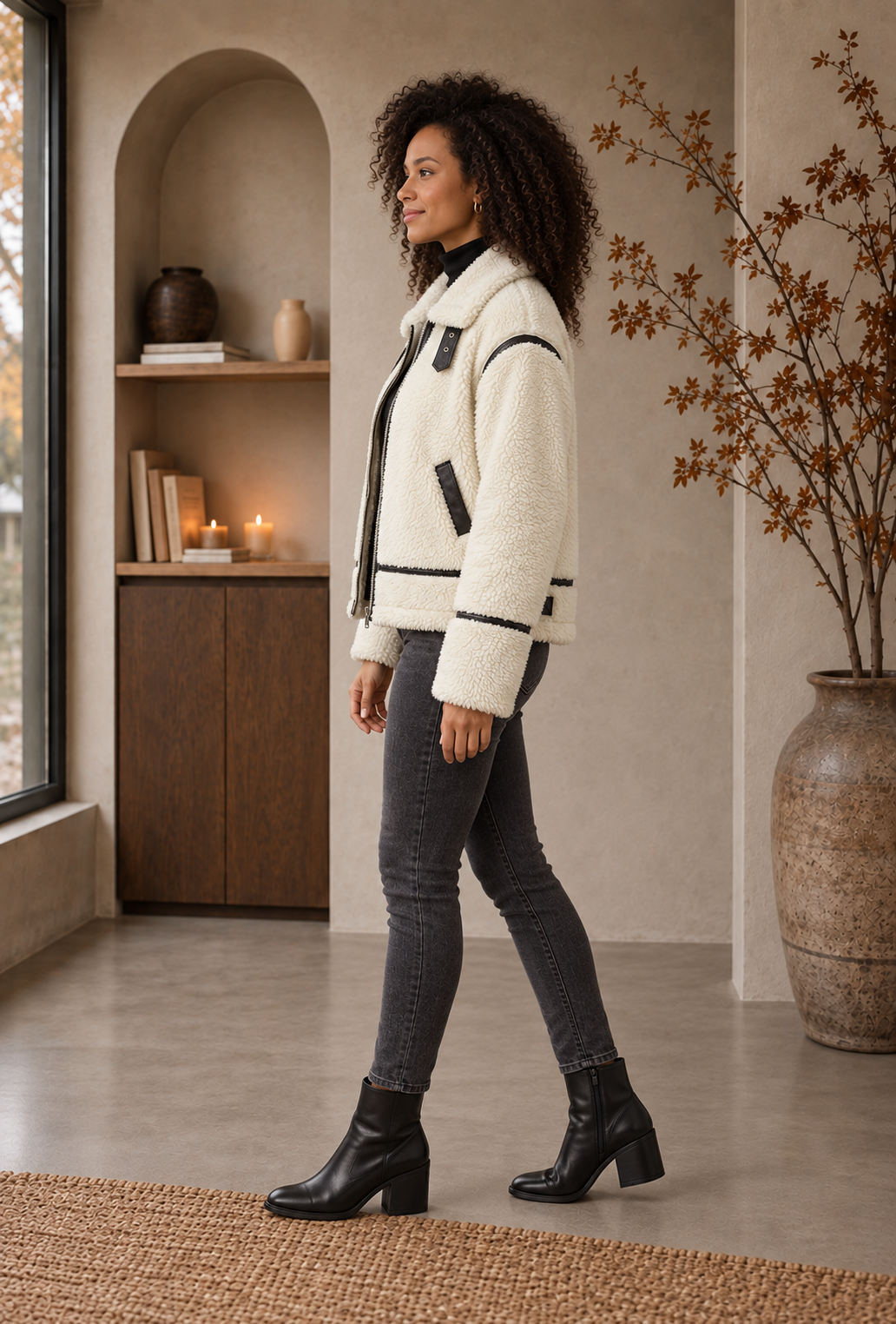 Women's cream teddy jacket with black-trimmed front pocket and dropped shoulders, side view