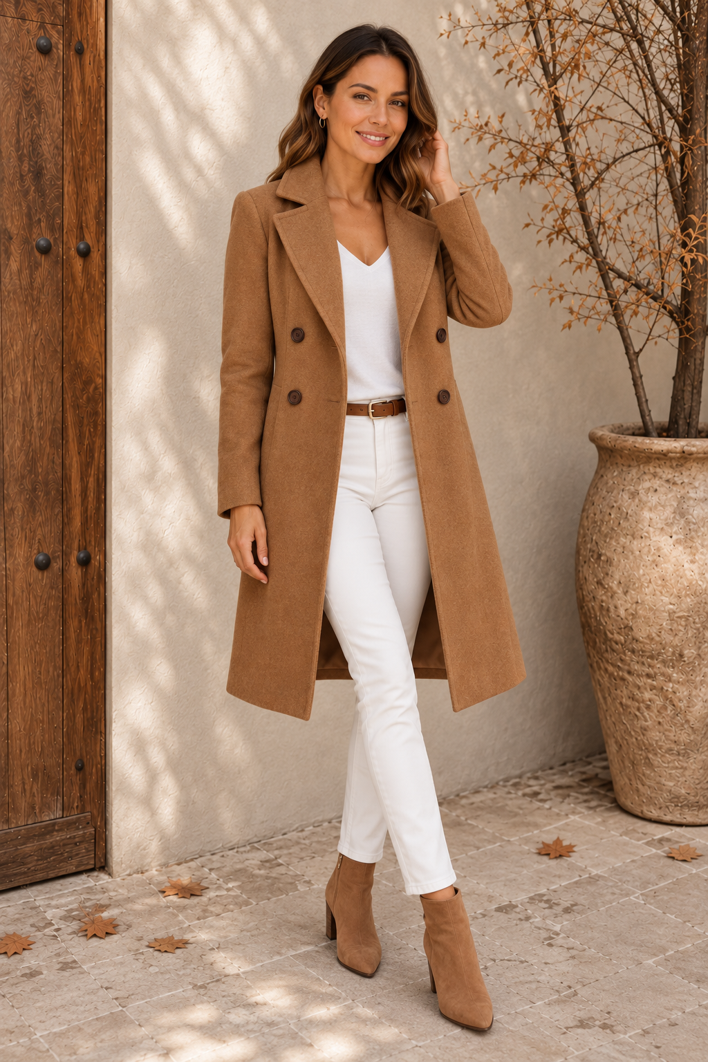 Women's camel double-breasted coat worn open with brown buttons, full-length view