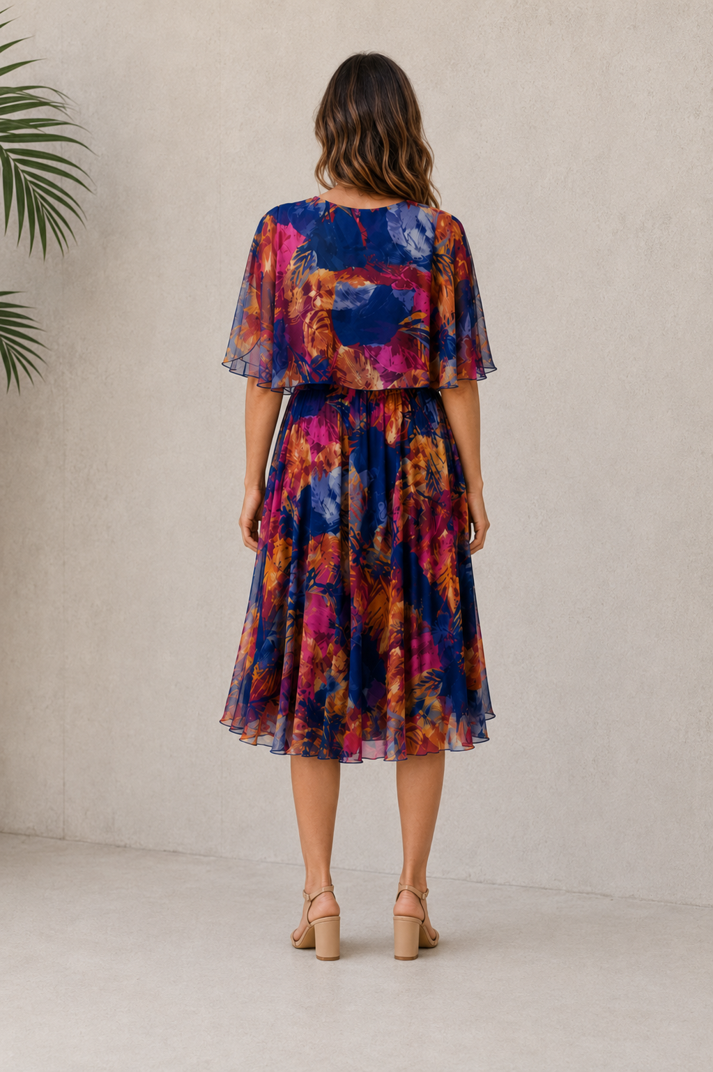 Chiffon dress with round neckline, short ruffled sleeves, and adjustable waist tie