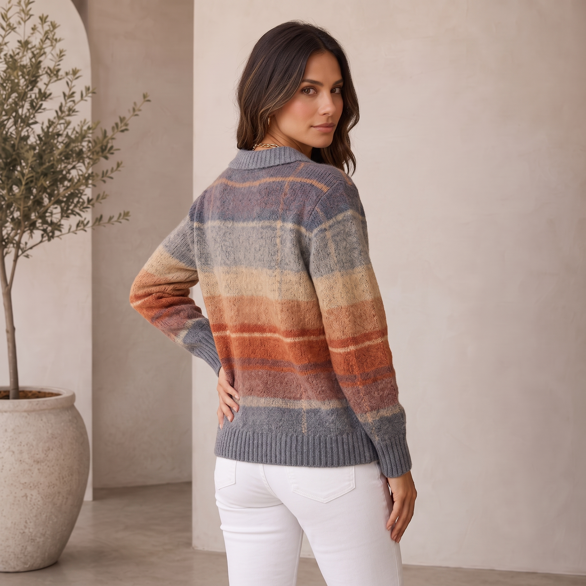 Women's wool-blend plaid knit cardigan with front button closure