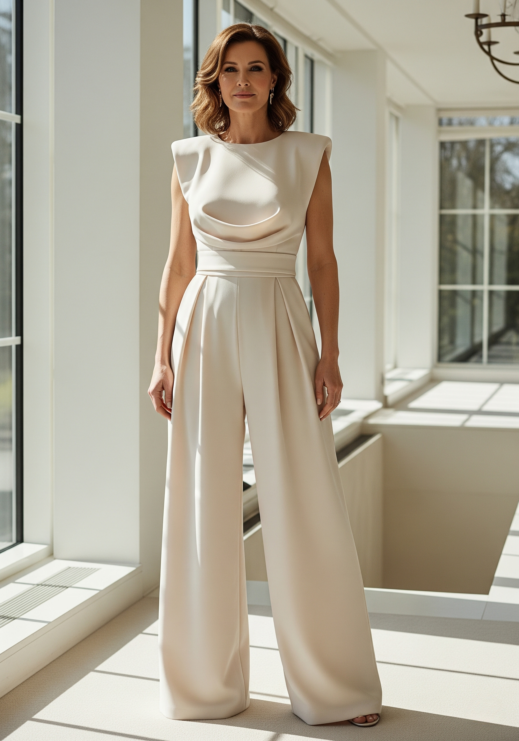 Women's sleeveless wide-leg jumpsuit with draped neckline and defined waist