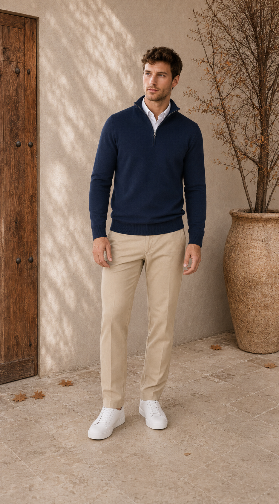 Men's cotton blend quarter-zip knitted sweater with stand-up collar and long sleeves