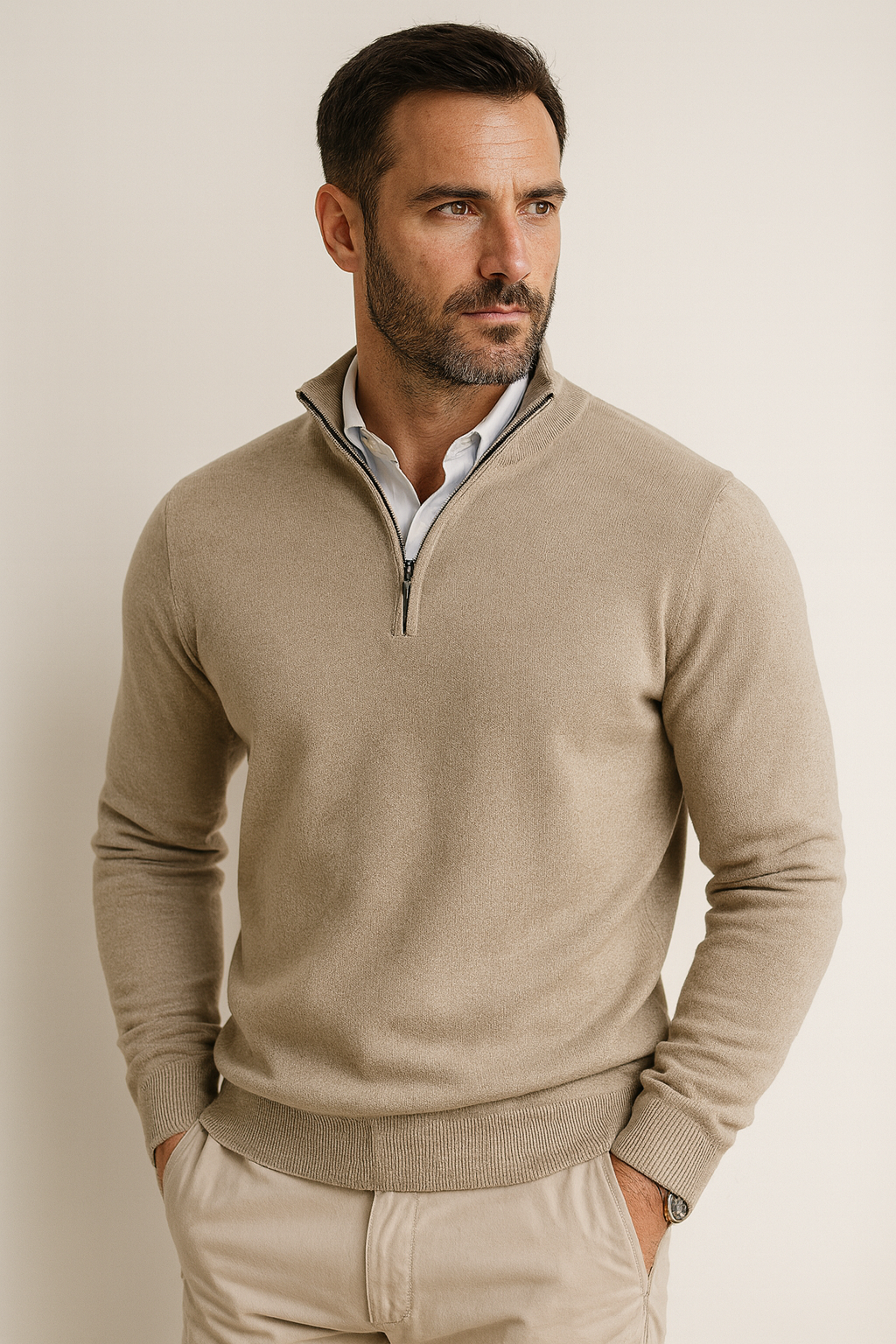 Men's knitted quarter-zip sweater in cotton blend with structured collar and even knit surface