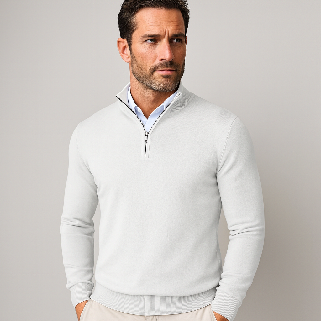 Regular fit men's quarter-zip knitted sweater in cotton blend with structured stand-up collar