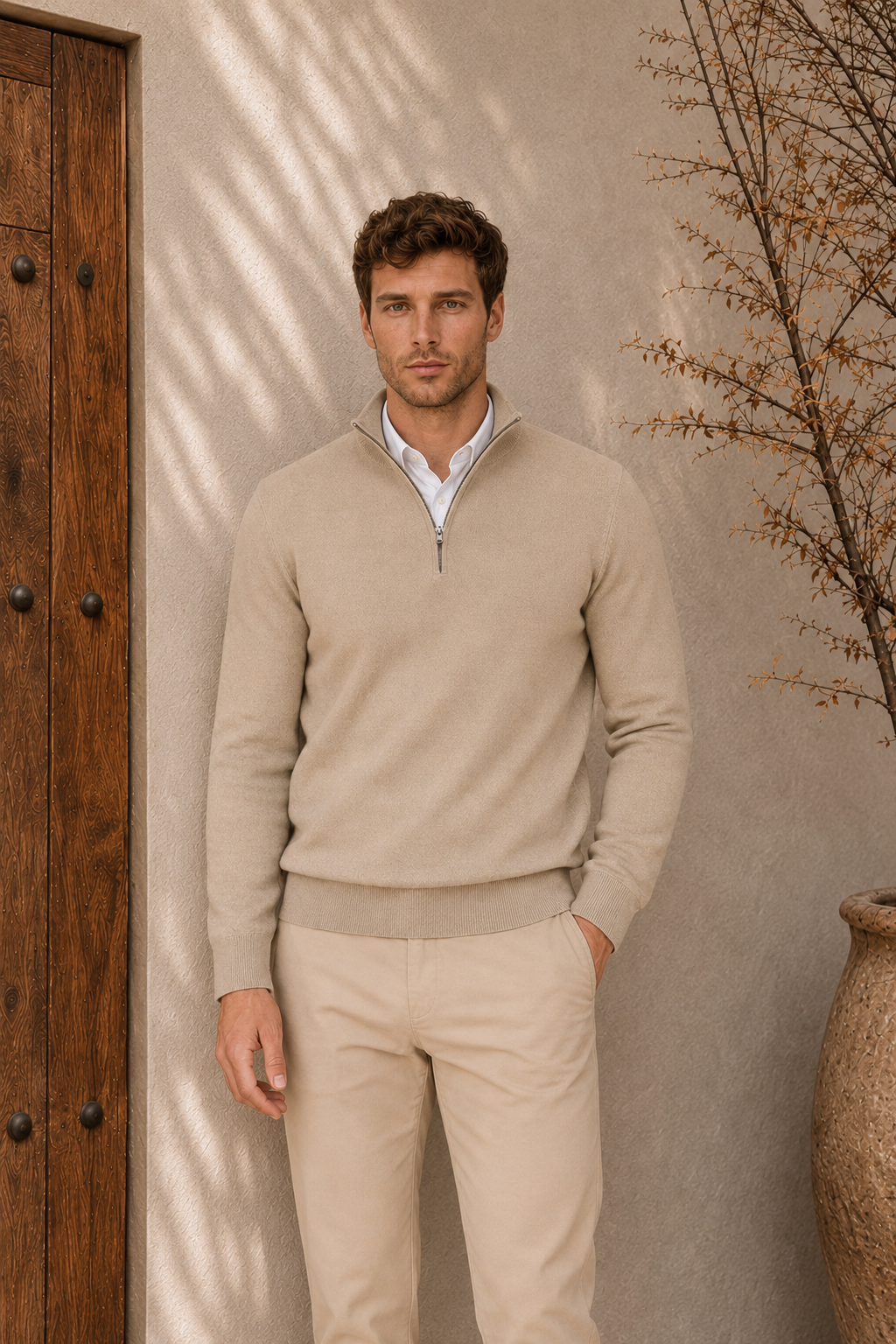 Quarter-zip knitted sweater for men in cotton blend with stand-up collar and regular fit