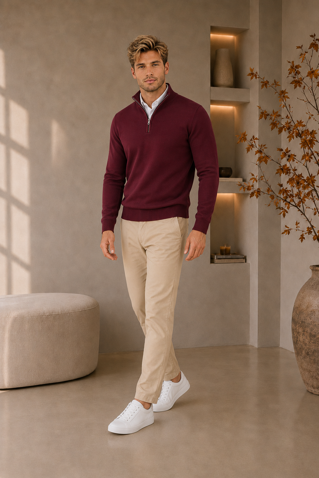 Men's regular fit quarter-zip sweater in cotton blend knit with long sleeves and stand-up collar