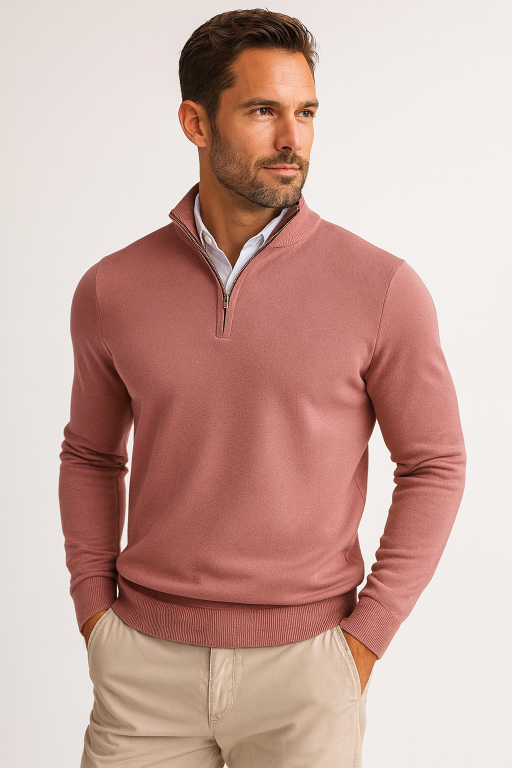 Cotton blend knitted quarter-zip sweater for men with stand-up collar and regular fit