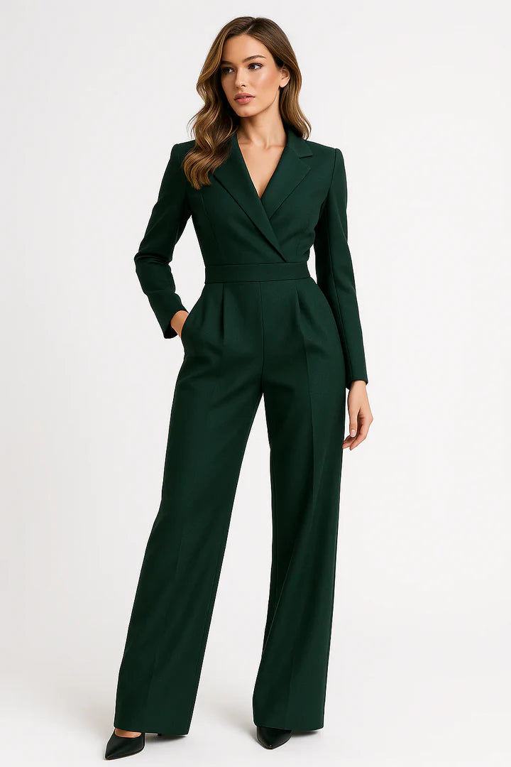 Structured woven jumpsuit with long sleeves and wide-leg fit for women