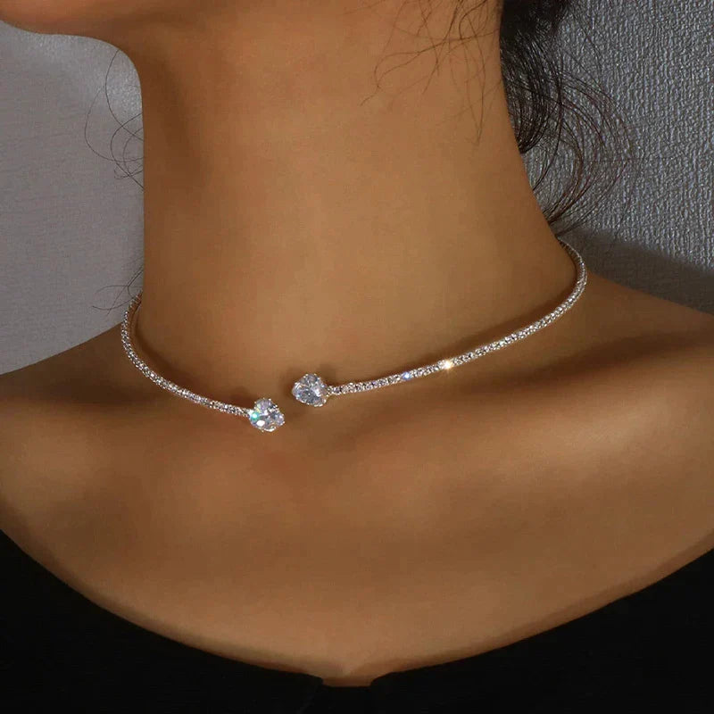 Metal alloy choker necklace with integrated zirconia stone detailing for women