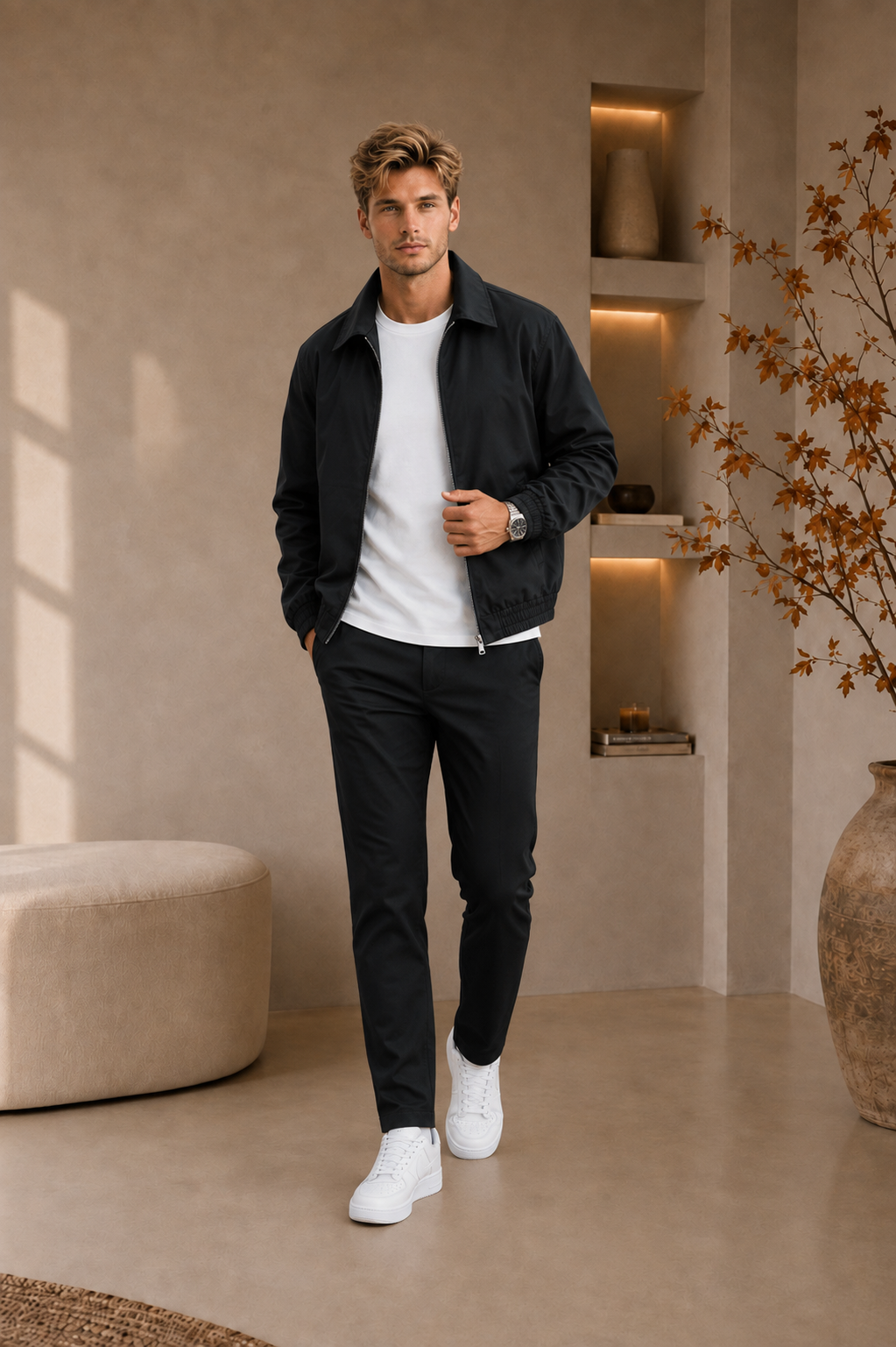 Men's black jacket and straight-leg pants side view