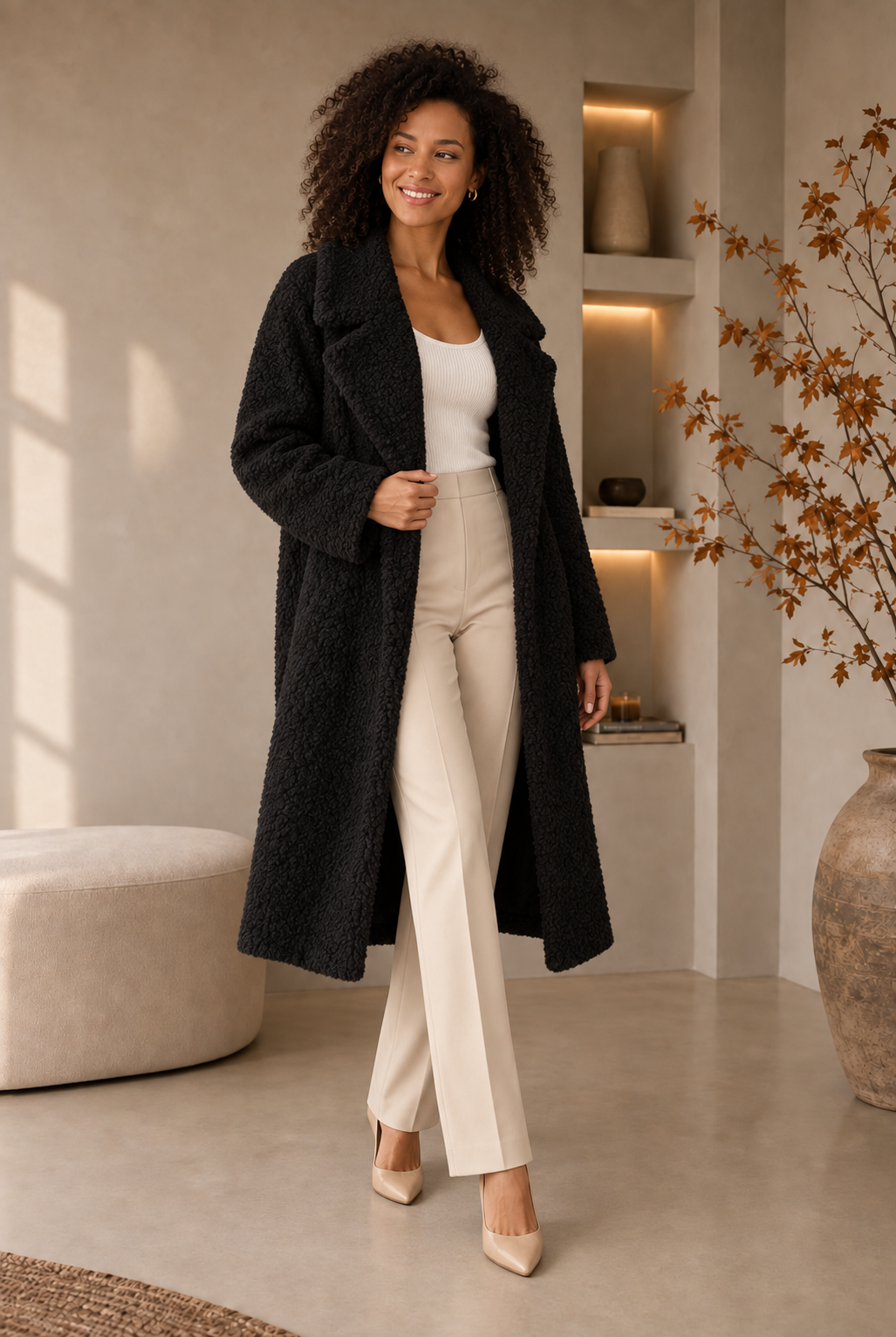 Fuzzy Fleece Coat Open Front Women