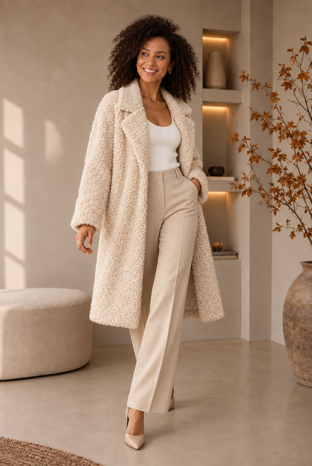 Women’s fuzzy fleece open front long coat in  Beige with lapel collar