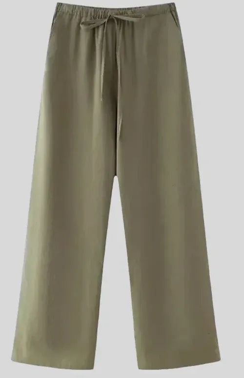 Women's wide-leg trouser set with wrap neckline blouse and waist tie for a relaxed silhouette