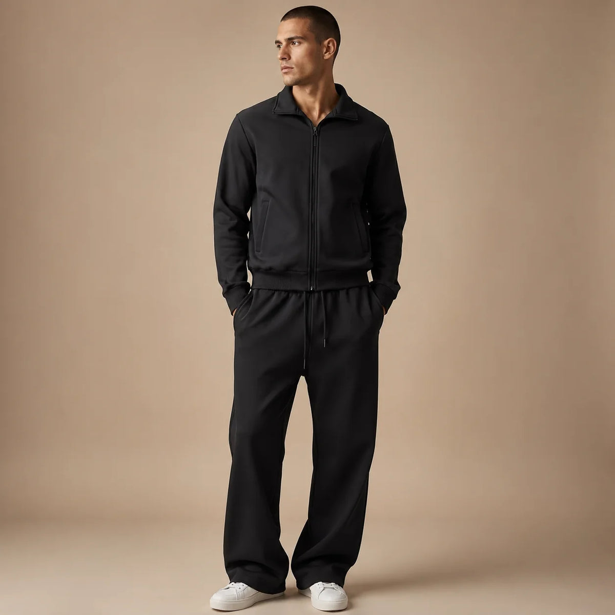 Men's black two-piece tracksuit front view